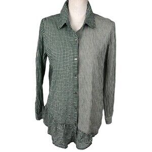 LOGO by Lori Goldstein Green Gingham Striped Ruffled Button Up Long Sleeve Small